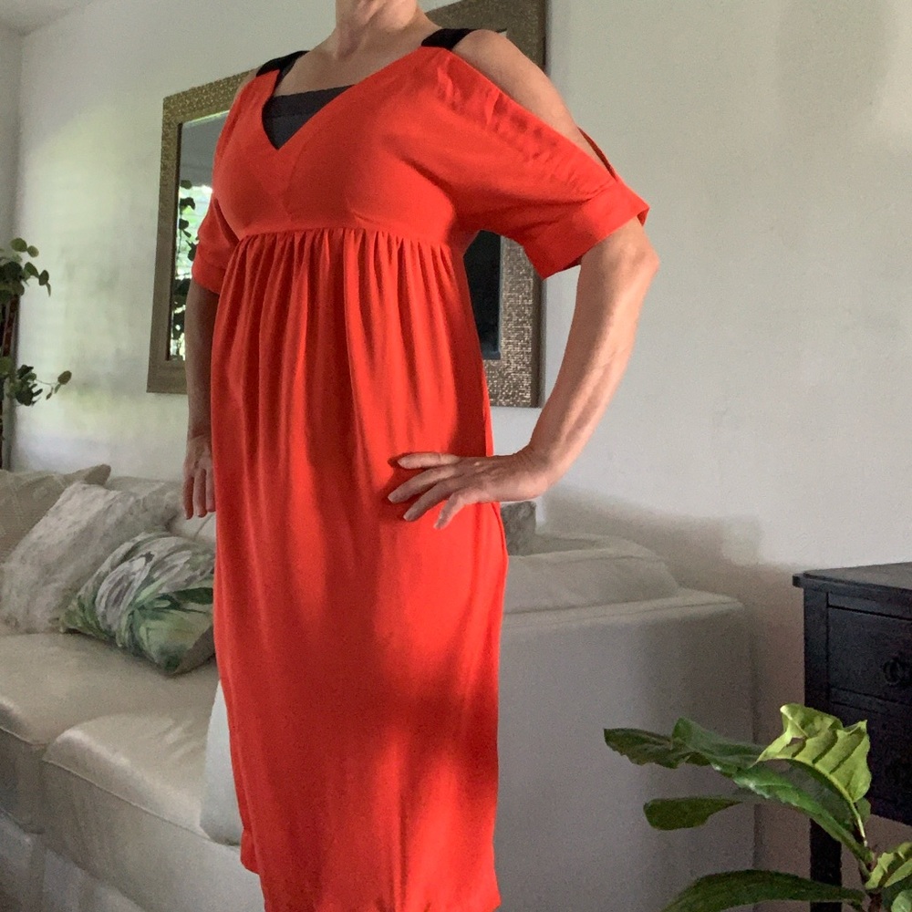 ASOS Red Dress Peek a boo Sleeves, V-Neckline, Black Back Straps Size 4/6
